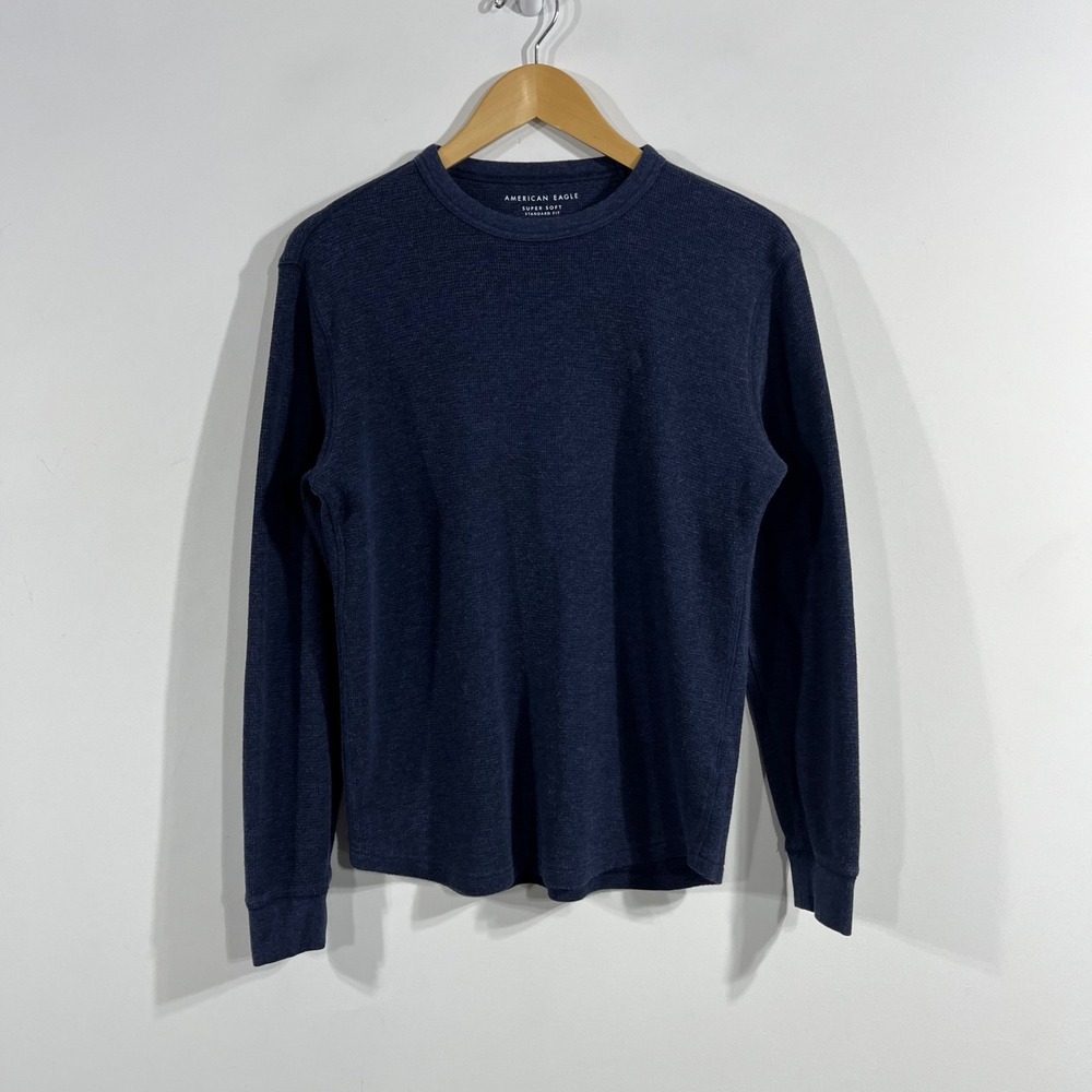 American Eagle Y2K Grunge Granola Boho Soft Waffle Knit Thermal Shirt Navy Small